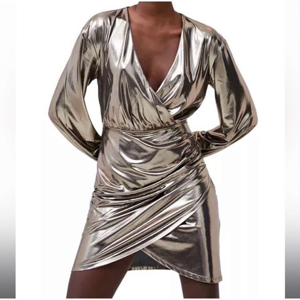 NEW French Connection Ronja Liquid Metallic Long Sleeve Wrap Shirt Mini Dress 4
